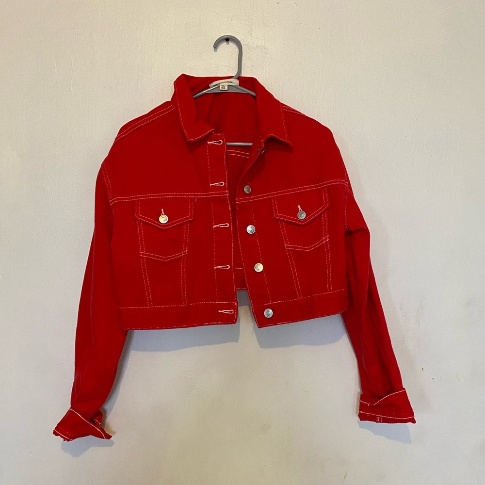 Cropped red denim jacket